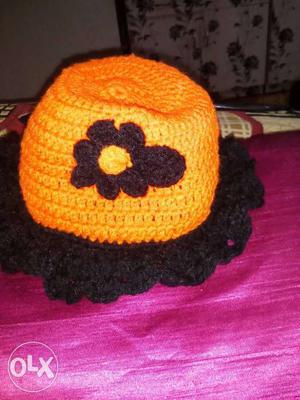 Orange And Brown Knit Floral Hat