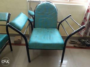 Teal Leather Padded Black Metal Armchairs