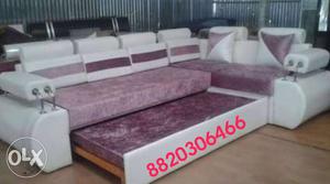 White And Purple Leather Corner Trundle Sofa