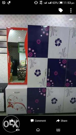 White And Purple Wooden Floral Closet With Mirror