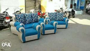 White-and-blue Fabric Padded Sofa Set With Throw Pillows