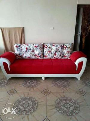 Tufted Red Suede Sofa With Pillows