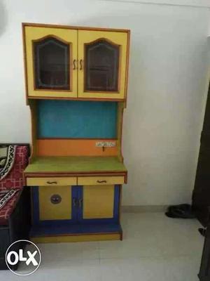 Yellow And Blue Wooden Computer Desk With Hutch