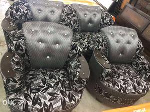 4-piece Black And Gray Floral Suede Padded Sofa Set