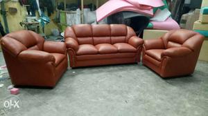 Brown Leather Couch With Two Armchairs