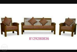 Brown Wooden 3-seat Sofa Set