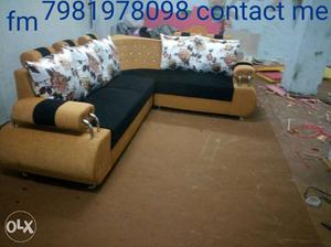 Fabric pink and black sofa set L shape couch with pillows