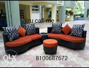 Orange And Black Suede Corner Sofa With Throw Pillows