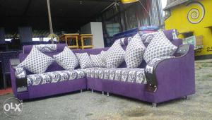 Purple And White Corner Couch With Throw Pillows Set