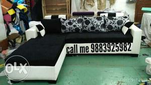 White And Black Fabric Padded Sectional Sofa
