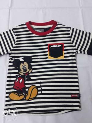 Black, White, And Red Mickey Mouse Stripe Crew Neck T Shirt