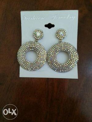 Diamond Embellish Silver Round Pendant Earrings