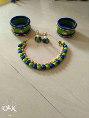 Green And Blue Thread Bangles, Necklace And Jhumka Set