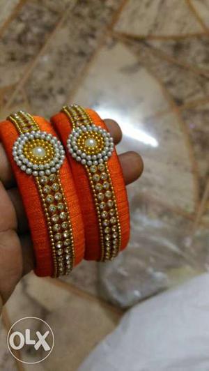 Orange And Brown Beaded Thread Bracelets