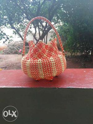 Red And Grey Beaded Basket