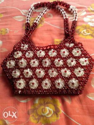 Red And White Beaded Tote Bag