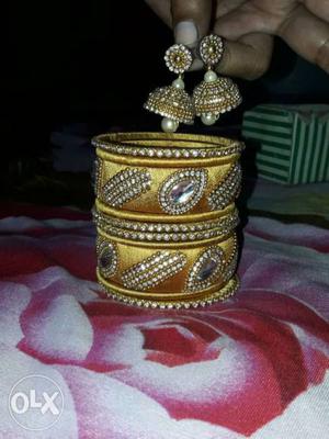 Two Gold And Silver Colors Bangles With Earrings
