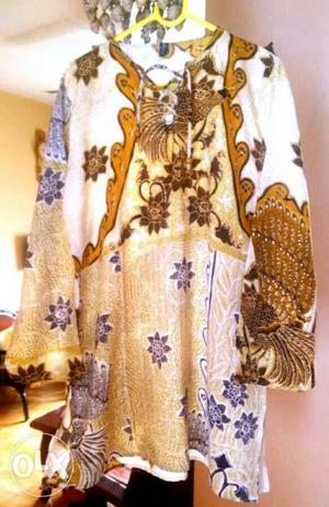 White And Brown Floral Long Sleeve Traditional Dress