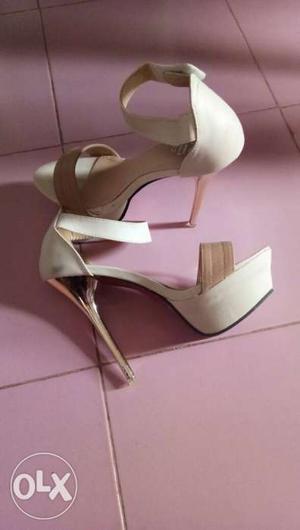 White-and-brown Leather Open Toe Ankle Strap Stilettos