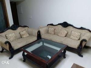 2-piece Black Wooden Base Beige Suede Sofa Set
