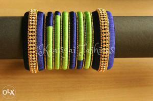 Blue, Green, And Gold Silk Thread Bangles