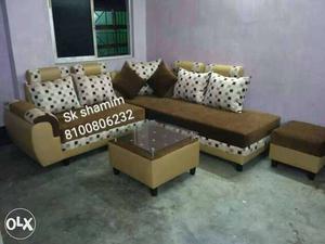 Brown And Beige Sectional Couch With Ottoman
