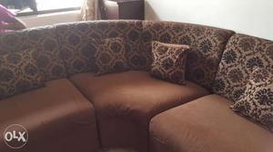 Brown Floral Pattern Velvet Padded Sectional Sofa