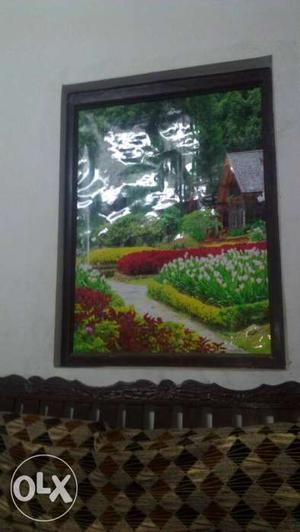 Floral Garden Photo With Brown Wooden Frame