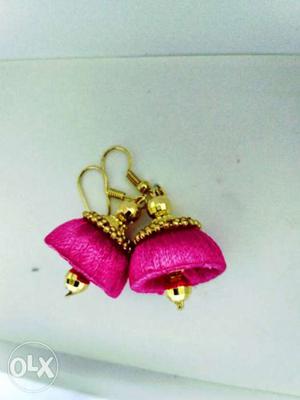 Pair Of Pink And Gold silk thread Jhumka Earrrings
