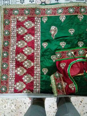 Red, Green And Silver Sari