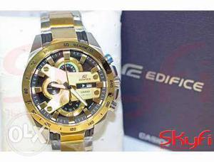 Round Gold Framed Gold Edifice Chronograph Watch With Silver