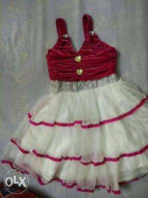 Toddler Girl's Red And White Halter Layered Dress