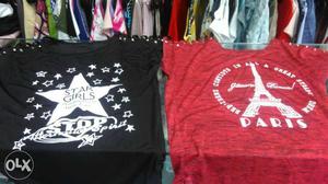 Two Red And Black Crew Neck Shirts