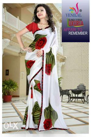 Women's White, Red And Green Floral Sari
