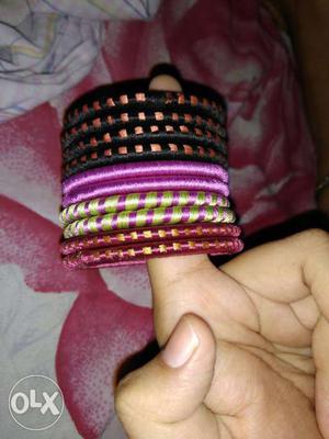 Black And Pink Silk Thread Bangle Set