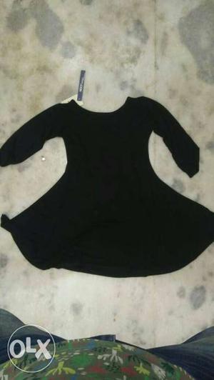 Black Scoop Neck Long-sleeve Elastic Waist Mini Dress