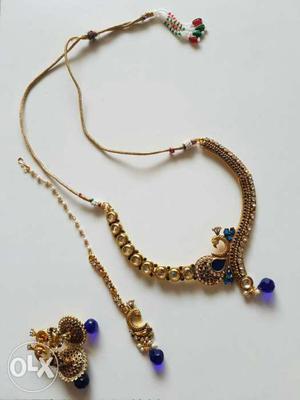 Gold And Blue Beaded Necklace With Jhumkas