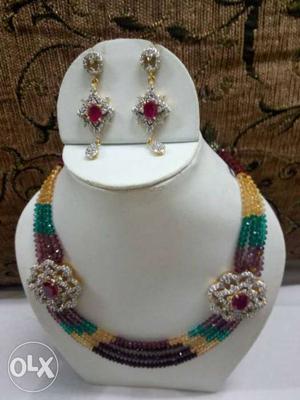 Green, Purple And Yellow Beaded Necklace And Earriings Set
