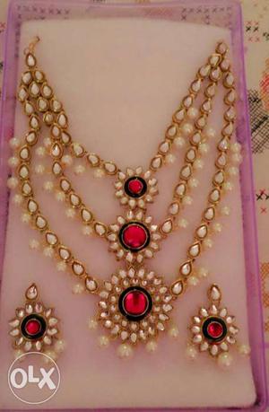 Kundan And Pearl Red 3-layer Necklace And Earrings Set In
