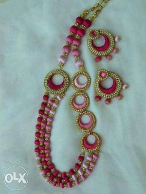 Pink And Gold Silk Thread Necklace With Two Earrings Set