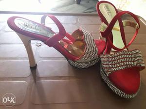 Red Open Toe Ankle Strap Platform Heeled Sandals