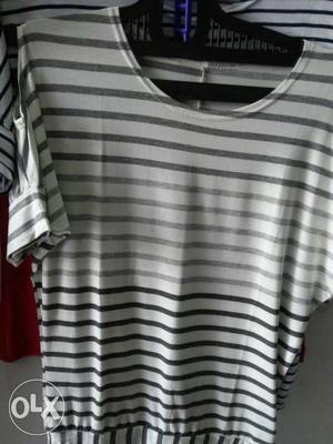 White And Grey Striped Crew Neck T-shirt