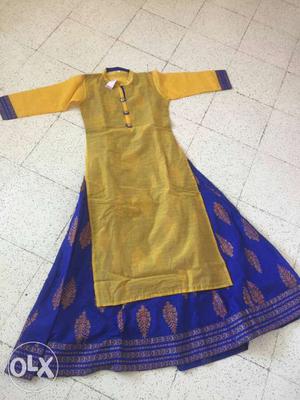 Yellow, Blue, And Brown Floral Traditional Dress