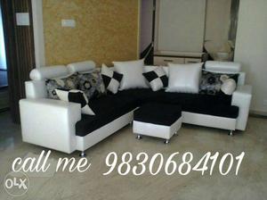 Black And White Leather Corner Sofa With Ottoman Set