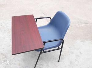 Black Metal Framed Blue Plastic Armchair With Brown Wooden