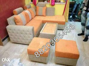 Five Orange-and-grey Fabric Sofa Set