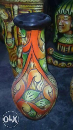 Orange, Green, And Brown Floral Ceramic Vaes