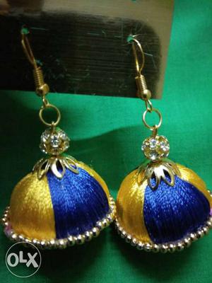 Pair Of Gold-and-blue Silk Jhumkas