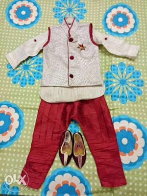3 peice cream and maroon jute silk pathani for 1