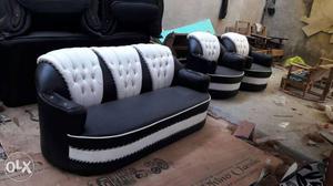 3-piece Tufted White-and-black Leather Sofa Chairs Set